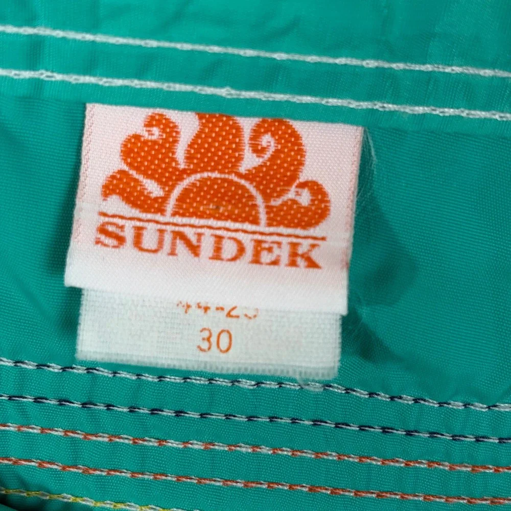 Vintage Sundek Board Shorts Mens 30 Teal Green Rainbow Stripe Nylon Made in USA